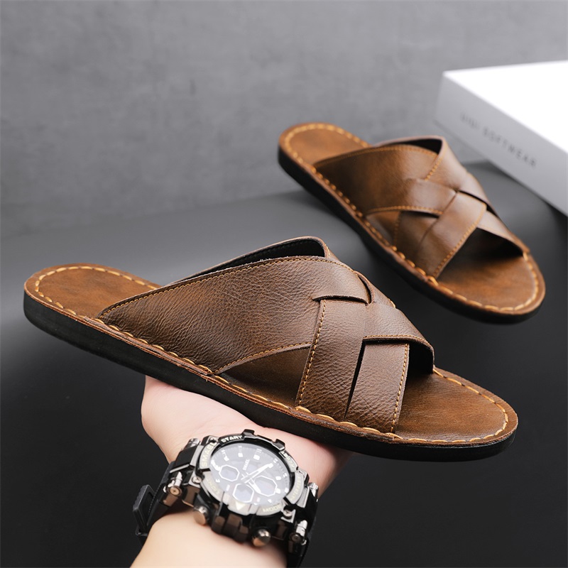 Flip Flop Leather Men - Sandálias casuais masculinas de couro genuíno,