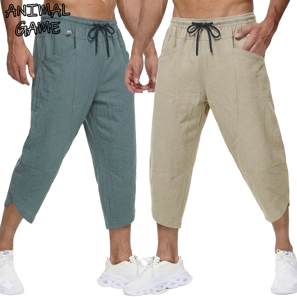 Short Linen Drawstring - Calças curtas casuais de linho masculinas,