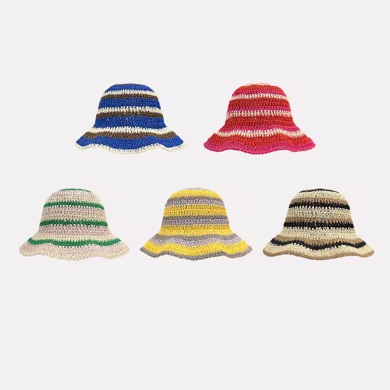 Bucket Hat Straw - Novo listrado de malha palha crochê