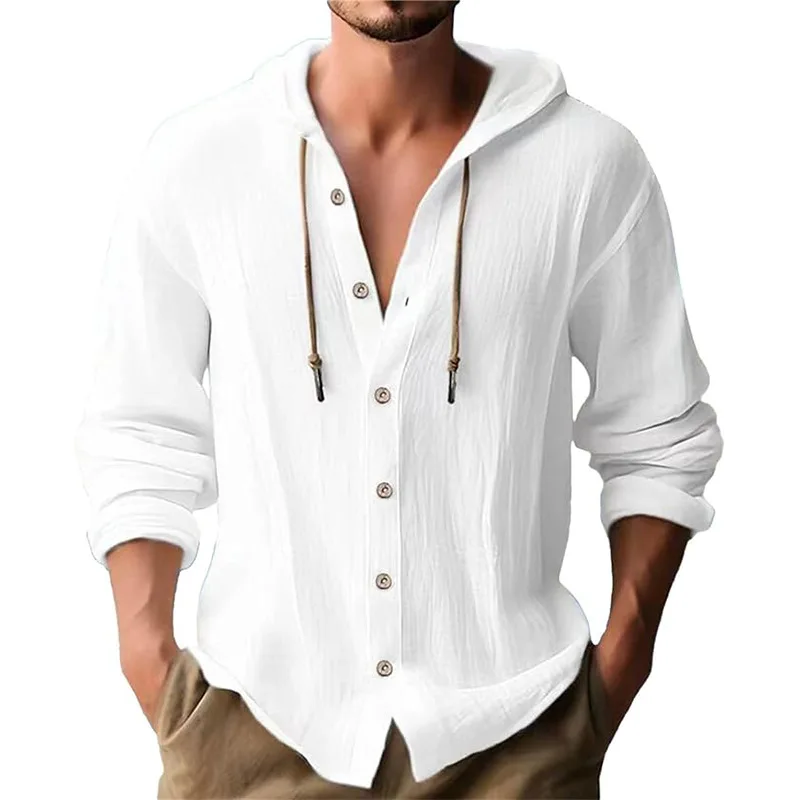 Short Linen Drawstring - Camisa masculina casual de manga comprida,