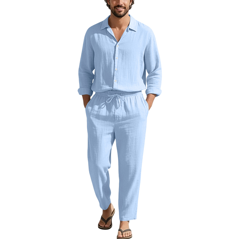 Linen Shirt Breathable - Conjuntos Casuais de Linho Primavera Verão: