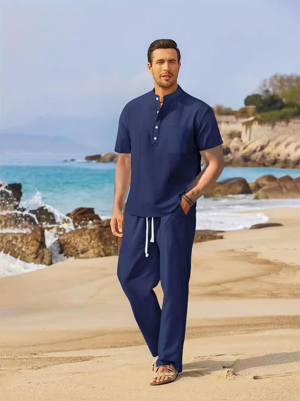 Conjunto de verão masculino de - Short Linen Drawstring avaliação e preço